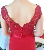 Promfast Red Button Backless Plus Size Mermaid Cap Sleeves V-neck Long Lace Bridesmaid Dresses PFM0016