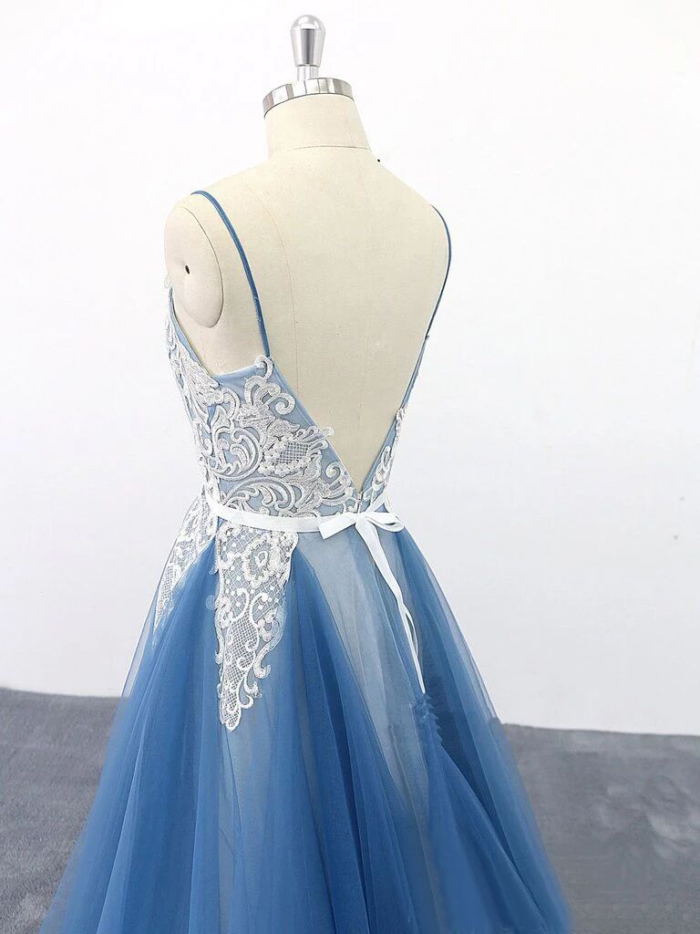 A Line Spaghetti Straps Blue Prom Dresses V Neck Lace Appliques Evening Dresses