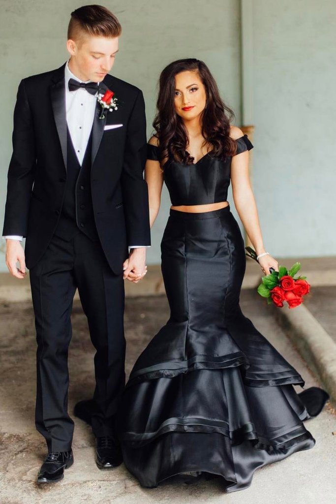 fitted lace wedding dress Black 2 Pieces Off Shoulder Mermaid Elegant Prom Dresses With Layers P –  Promfast