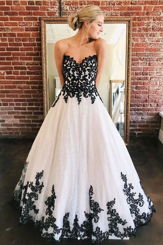 A Line Sweetheart Long Elegant Prom Dress With Black Lace Appliques PF – Promfast