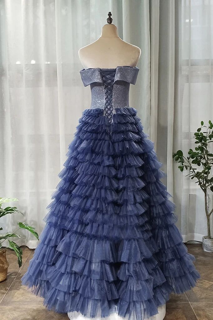 Blue Tulle Lace Long Prom Dresses, A-Line Off the Shoulder Evening Dresses Y1414