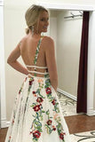 Charming V Neck Floral Embroidery Long Lace Prom Dress with Pocket PFP0565