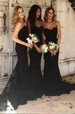 Mermaid Style Sweetheart Sweep Train Black Long Bridesmaid Dress with Lace PFB0045