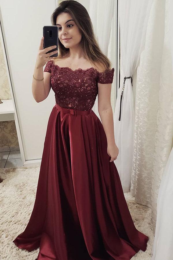 Burgundy Off Shoulder A Line Prom Dress, Lace Top Cheap Evening Gown P Promfast Burgundy Off Shoulder A Line Prom Dress, Lace Top Cheap Evening Gown P Promfast