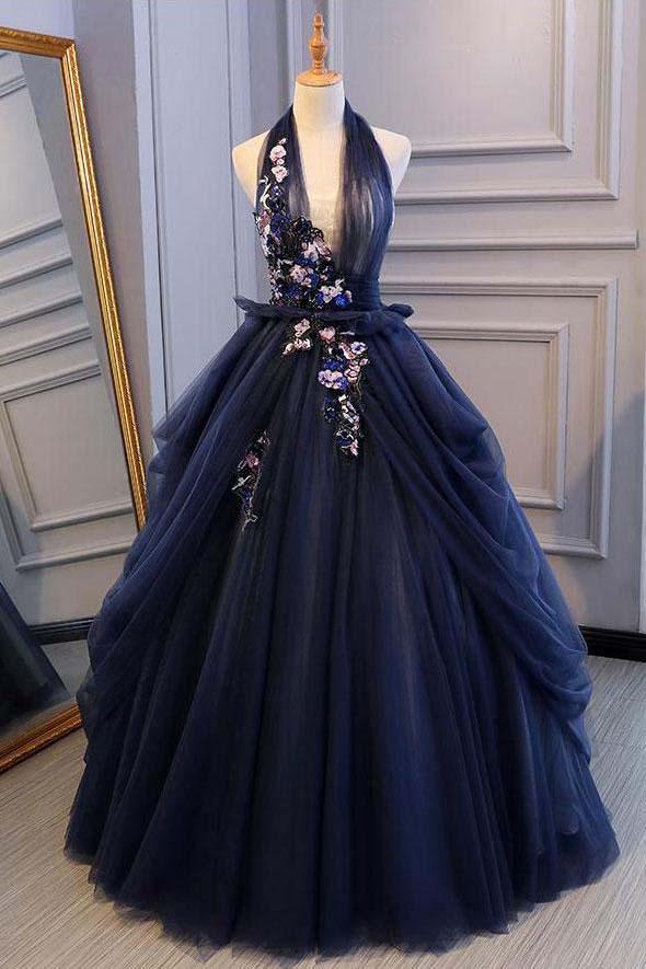 Princess Ball Gown Dark Blue Tulle Halter Prom Dresses Deep V Neck Bac Promfast Princess Ball Gown Dark Blue Tulle Halter Prom Dresses Deep V Neck Bac Promfast