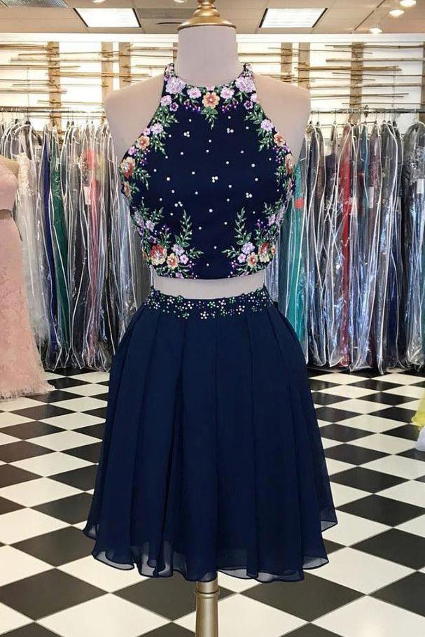 Two Pieces Dark Navy Scoop Floral Elegant Short Prom Dresses,Homecomin Promfast Two Pieces Dark Navy Scoop Floral Elegant Short Prom Dresses,Homecomin Promfast