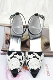 Beautiful White Lace Ankle Strap Pointed Toe Black Women Shoes PFWS0011
