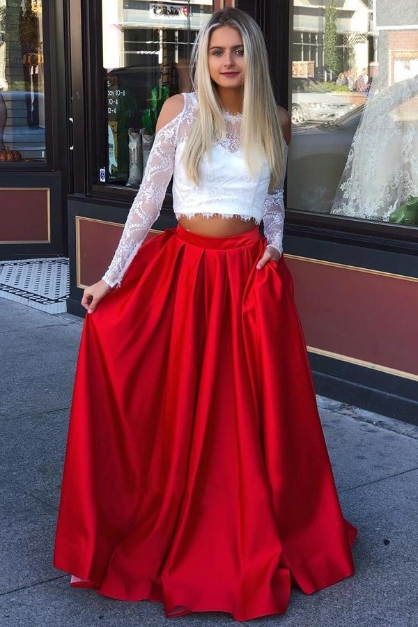 Two Piece Long Sleeves Cold Shoulder Red Long Prom Dress with White La Promfast Two Piece Long Sleeves Cold Shoulder Red Long Prom Dress with White La Promfast