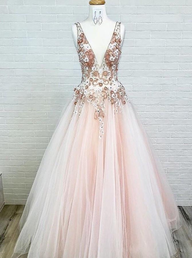 A Line Deep V Neck Pink Tulle Prom Dresses LBQ0235