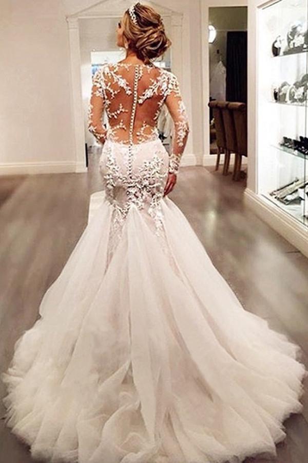 white christmas dresses Long Sleeves Mermaid Tulle Sexy Long Ivory Wedding Dresses/Bridal Gown –  Promfast
