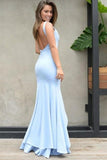 Mermaid V Neck Straps Backless Light Blue Satin Prom Dress with Split PFP0123