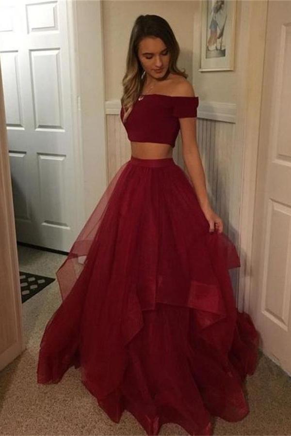 Cheap 2 Pieces Simple Long Burgundy A Line Off The Shoulder Prom Dress –  Promfast