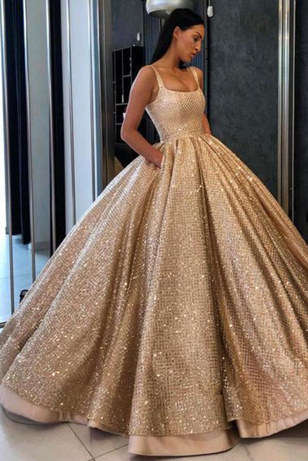 Beading Sequins Gold Ball Gown Prom Dress with Pockets,Long Quinceaner –  Promfast