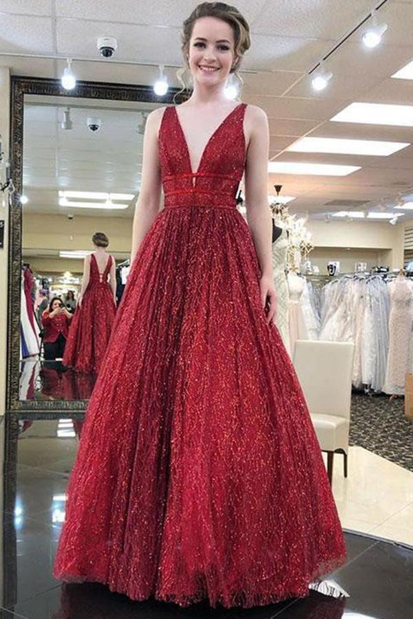 Charming Burgundy V Neck Sleeveless Sequin Prom Dresses A Line Formal –  Promfast