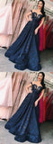 Lace A-line Dark Blue Long Prom Dress,V Neck Evening Dresses PFP0140