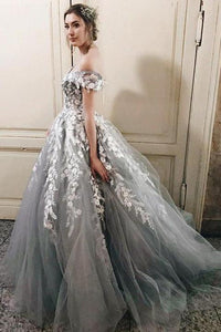 Off the Shoulder Grey Tulle Applique Charming Cheap Long Ball Gown Prom Dress PFP0147