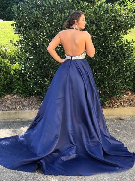 Halter Navy Blue Long Prom Dresses Beaded Backless Evening Dresses PFP   Promfast
