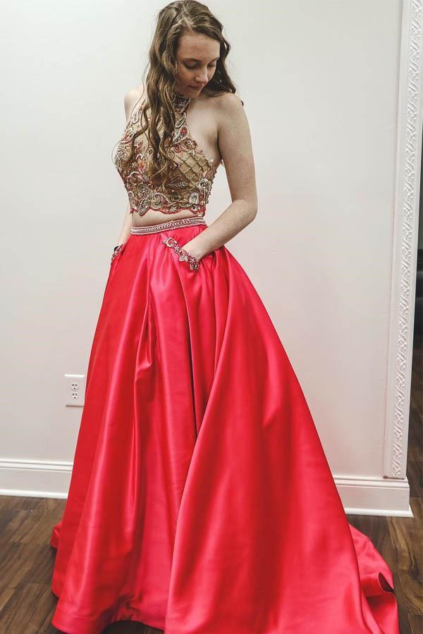 Two Pieces A Line Red Prom Dresses With Pockets, Halter Beaded Evening –  Promfast