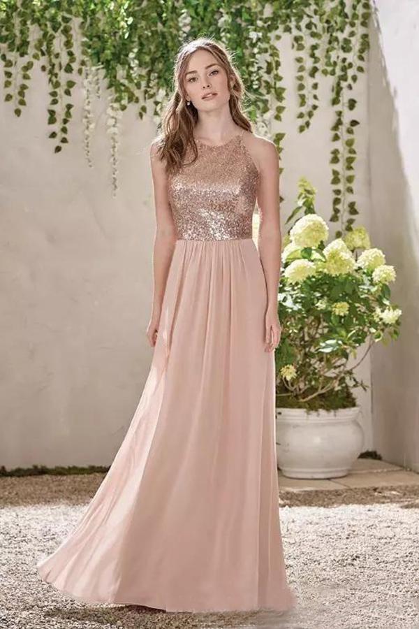 Rose Gold A Line Backless Bridesmaid Dresses,Sequins Chiffon Cheap Bea Promfast Rose Gold A Line Backless Bridesmaid Dresses,Sequins Chiffon Cheap Bea Promfast