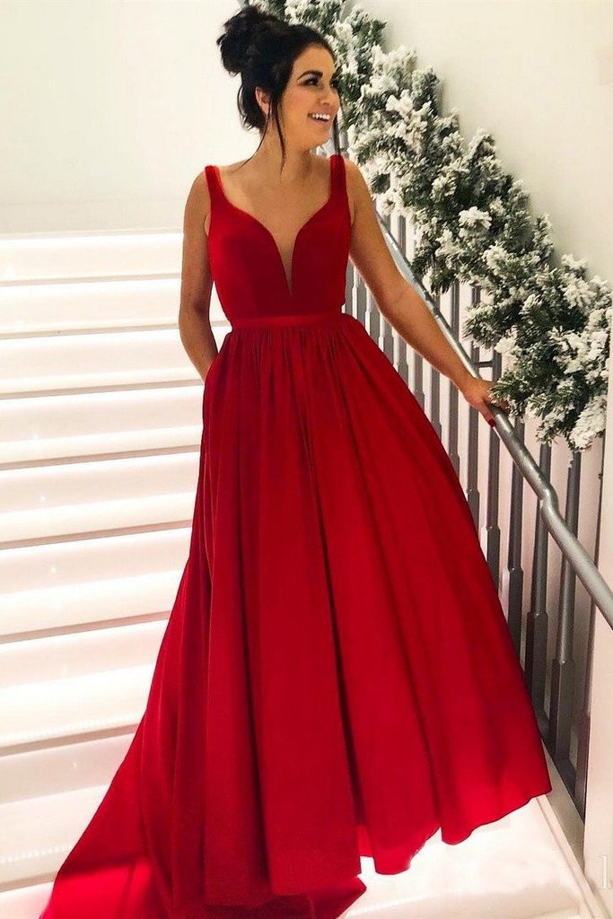 Simple Broad Straps Red Long Prom Dresses with Pocket V Neck Cheap For –  Promfast