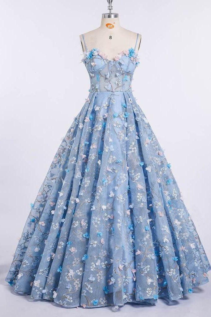 Princess Spaghetti Strap 3D Flower Applique Sky Blue Prom Dresses Ball –  Promfast