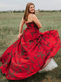 New Arrival Burgundy Sweetheart Floral Long Plus Size Prom Dresses with Pockets PFP0671