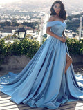 Off Shoulder Blue Prom Gown with Slit, Long Formal Evening Dress with Sweep Train PFP0170