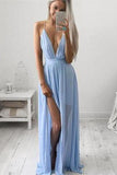 Sky Blue Chiffon Long V Neck Spaghetti Straps Simple Prom Dresses PFP0181