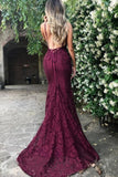 Mermaid Burgundy Spaghetti Straps Lace Prom Dresses, Formal Evening Dresses PFP0184