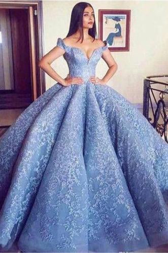 Blue Lace Off The Shoulder Ball Gown Quinceanera Dresses,Princess Prom Dress PFP0188