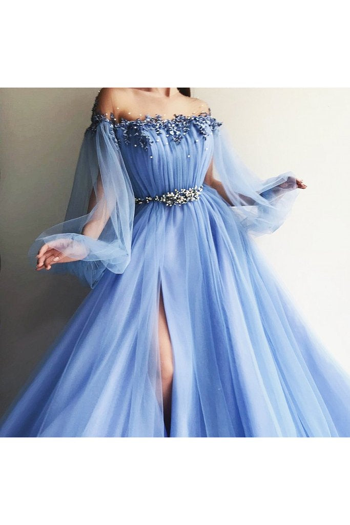 Blue Off Shoulder Prom Dress: Long Sleeve Beaded Crystal Side Slit Gown