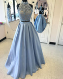 2 Piece Satin High Neck Prom Gown,Floor Length Prom Dress With Lace Top PFP0191