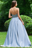 A Line Strapless Sky Blue Satin Long Prom Dresses With Appliques PFP0195