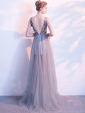 Elegant A Line Sequin Tulle Long V Neck Sleeveless Prom Dresses PFP0198