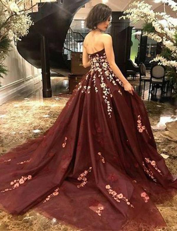 Floral Printed Strapless Burgundy Formal Dresses