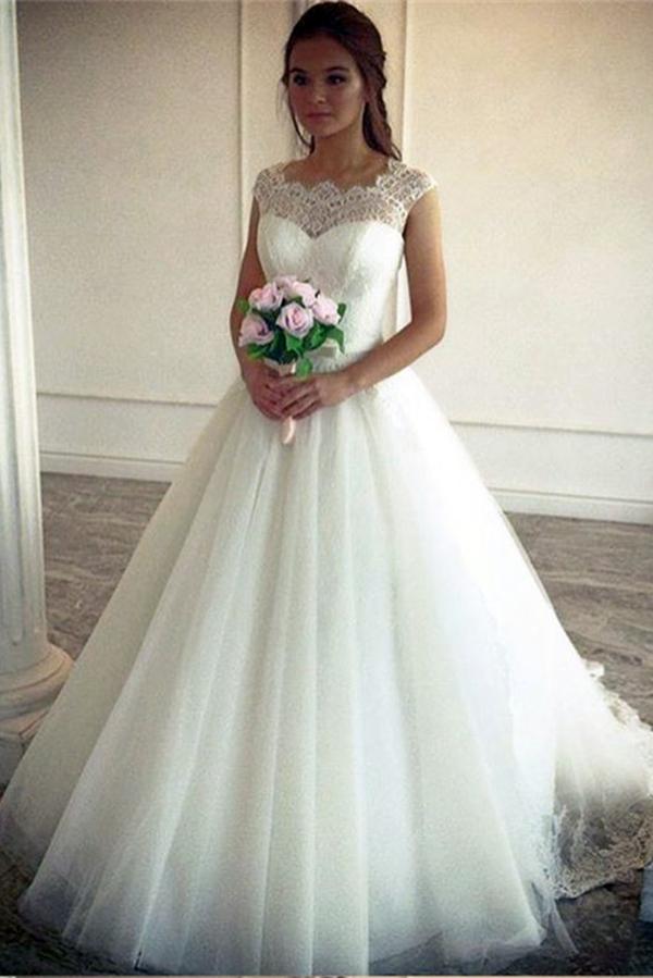 Vintage Lace Top Cap Sleeves Tulle Simple Ball Gown Wedding Dresses PF –  Promfast