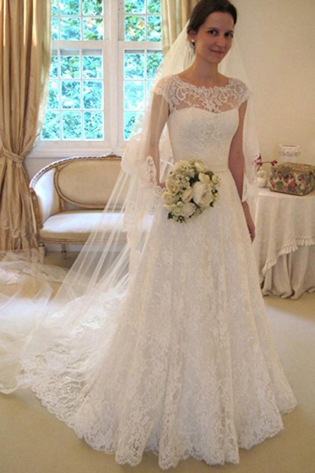 long sleeve wedding dress inexpensive Cap Sleeve Lace A Line Long Affordable Wedding Dresses PFW0081 – Promfast