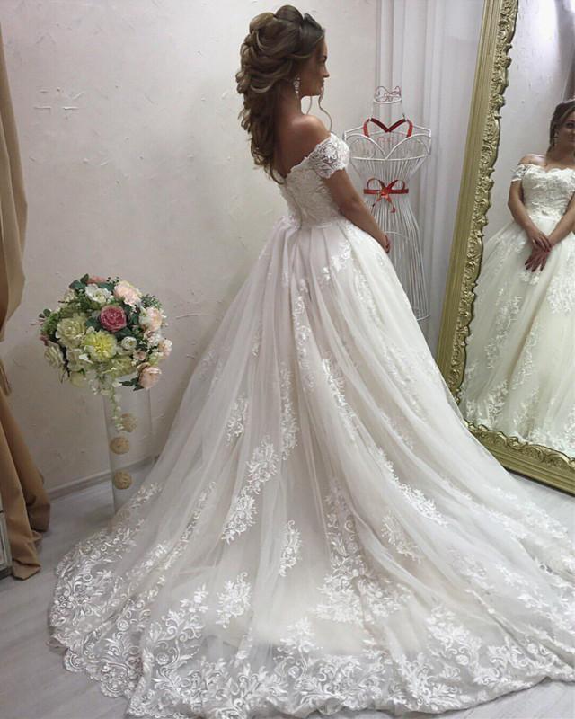 Appliques Flowers Princess Wedding Dresses Off-the-shoulder