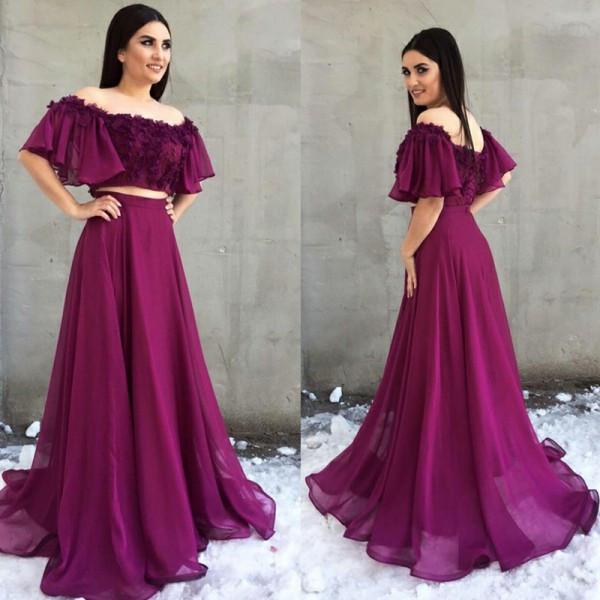 Dress Chiffon Purple Summer Open Shoulder Print Side One