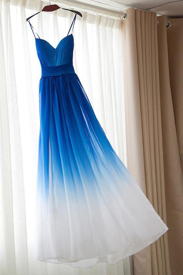 Royal Blue White Ombre Long Bridesmaid Dress,A-line Sweetheart Chiffon – Promfast