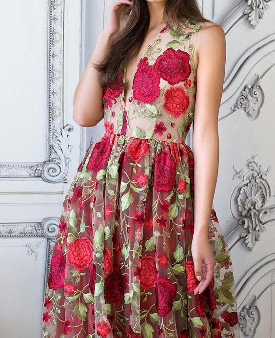 Red Floral Embroidery See Through Long Elegant Formal Prom Dresses PFP   Promfast