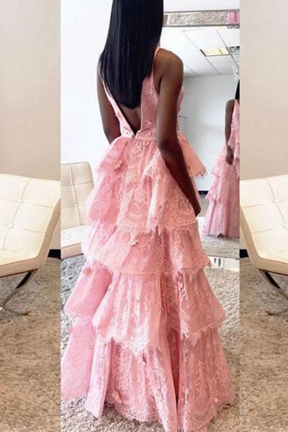Pink V Neck High Low A-Line Prom Dress Birthday Outfits, DP4298