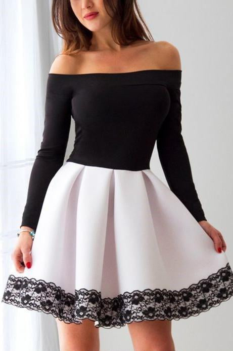 Long Sleeve White and Black A Line Short Prom Dress,Cheap Homecoming D – Promfast