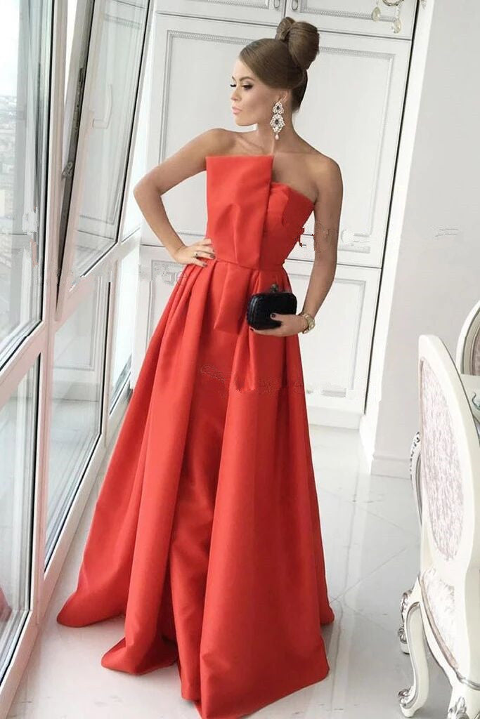 Simple A-Line Strapless Sleeveless Satin High/Low-Length Prom Dress