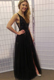 Glitter Black Long Prom Dresses Tulle V-neck Sequin With Split PFP1752