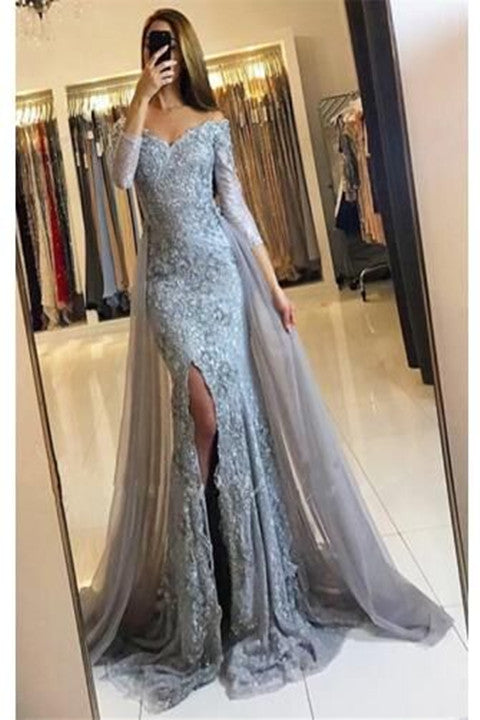 Off-The-Shoulder Mermaid Lace Appliques Split Overskirt Prom Dress With Long Sleeves PFP1754