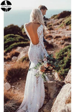 Promfast 2021 Cheap Long Sleeve Lace Wedding Dress, V Neck Boho Wedding Dresses PFW0482