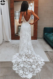 Promfast Rose Lace Sheath Wedding Dresses Spaghetti Strap Boho Beach Wedding Dress PFW0520