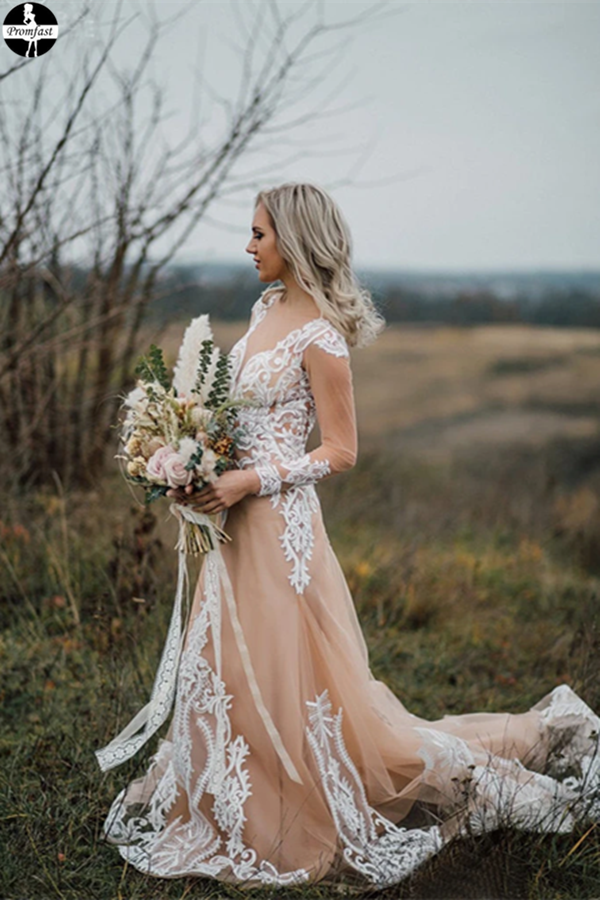 wedding dress with lace underlay Promfast Boho Wedding Dress With Nude Underlay Tulle Lace Applique Wed