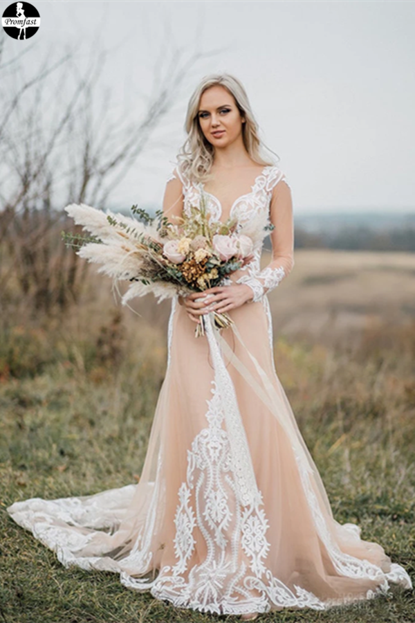 Promfast Boho Wedding Dress With Nude Underlay Tulle Lace Applique Wed
